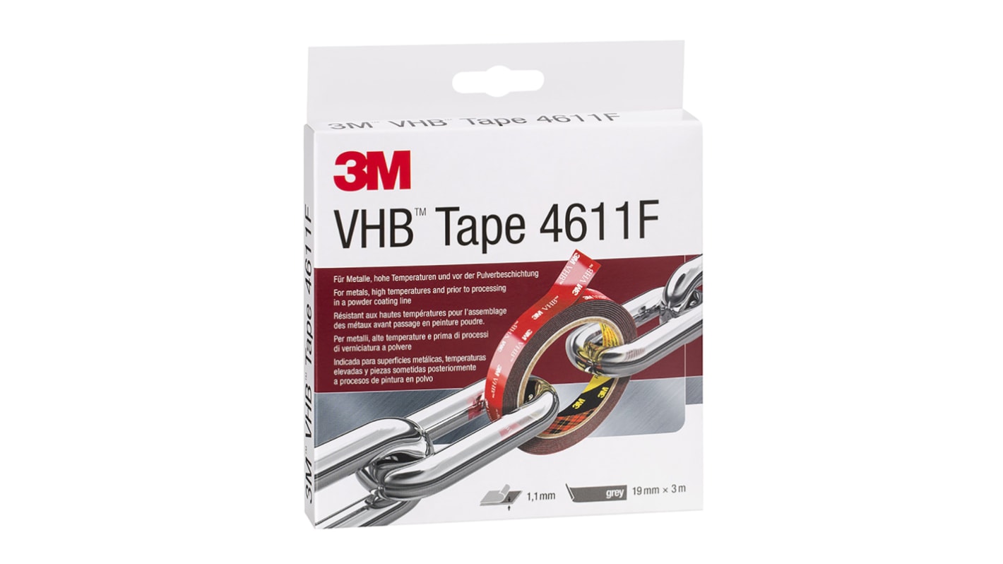 Nastro Biadesivo in Schiuma acrilica 3M VHB™ 4611F, 19.0mm x 3.0m x 1.10mm, Grigio, 32 N/cm
