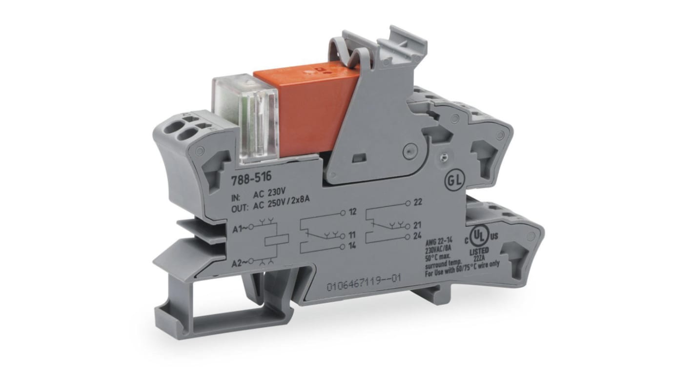WAGO 788 Series Interface Relay, DIN Rail Mount, 24V ac Coil, DPDT, 8A Load