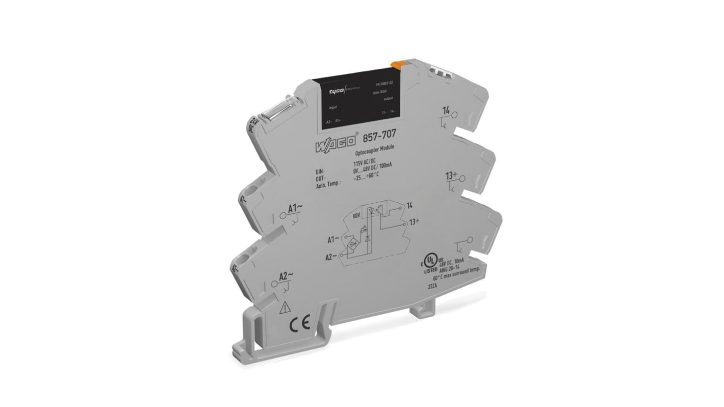 Relé de estado sólido WAGO 857, control 100 → 138 V dc, carga 0 → 48V dc, 0.1 A máx., montaje en carril