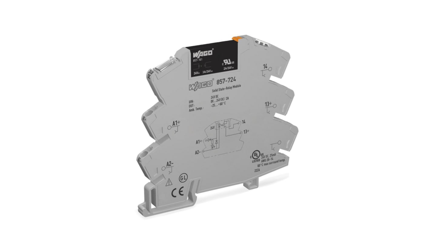 Relé de estado sólido WAGO 857, control 18.8 → 31.2 V dc, carga 0 → 24V dc, 3 A máx., montaje en carril