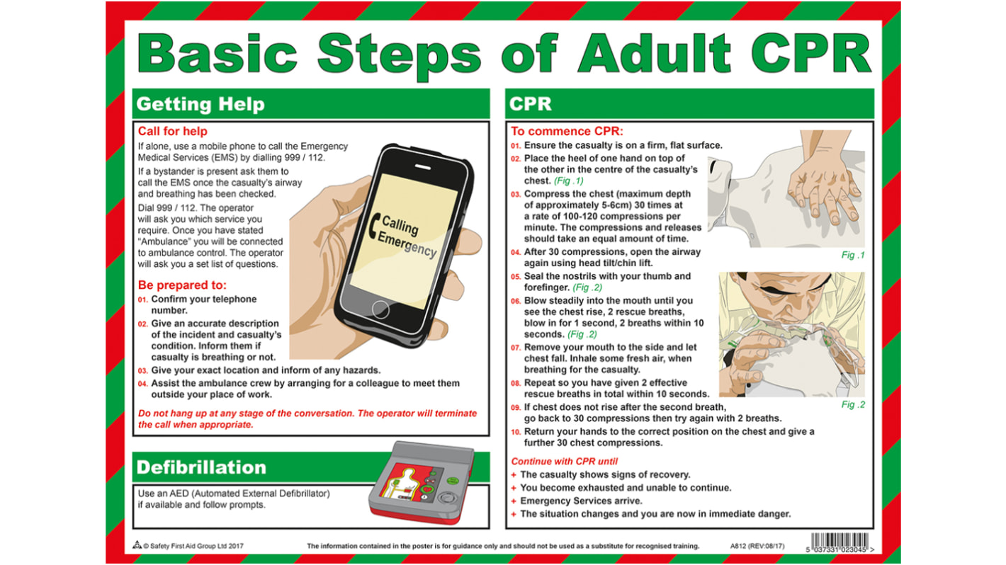 Basic Steps of Adult CPR (Resuscitation) Safety Poster, Semi Rigid Laminate, English, 420 mm, 300mm