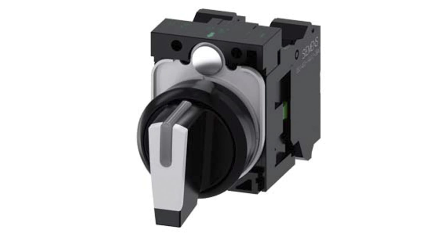 Siemens Short Black Handle Selector Switch - (SPDT) 22mm Cutout Diameter, Illuminated 3 Positions