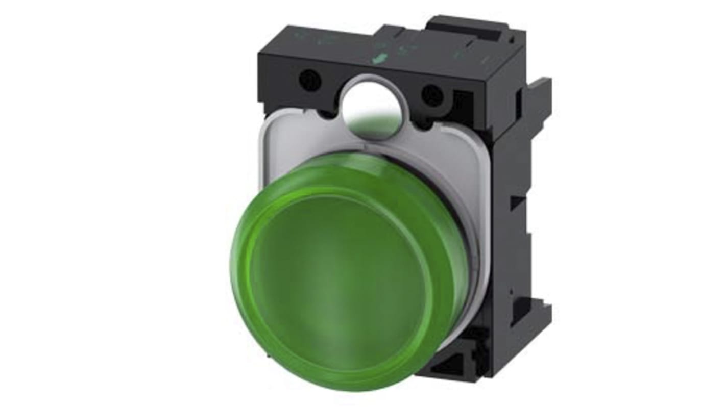 Siemens, 3SU1, Panel Mount Green LED Indicator, 22mm Cutout, Round, 24V ac/dc