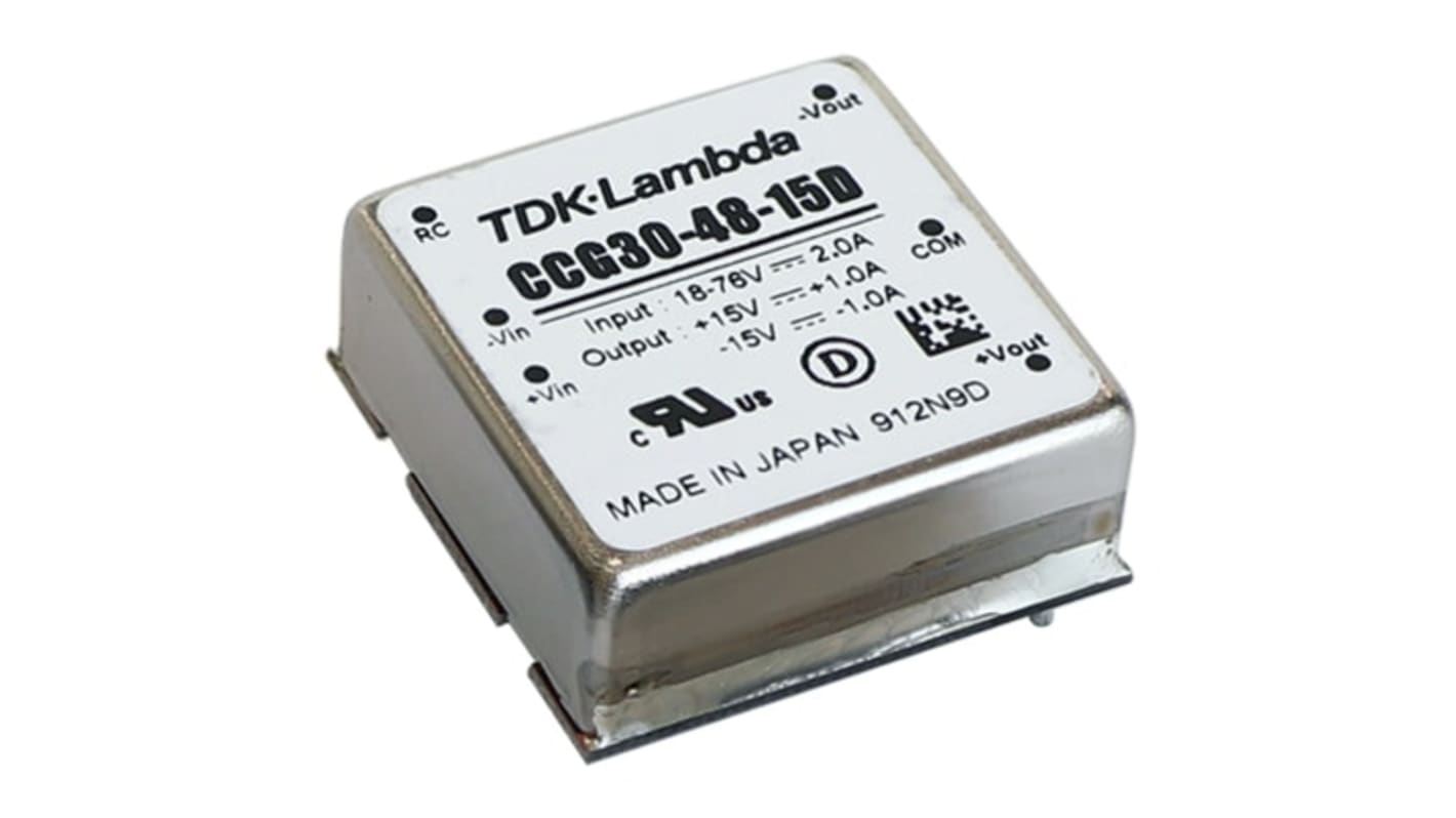 TDK-Lambda 隔离式DCDC转换器, 18 → 76 V 直流输入, ±12V 直流输出, 30W, 2路输出, CCG30-48-xxD系列