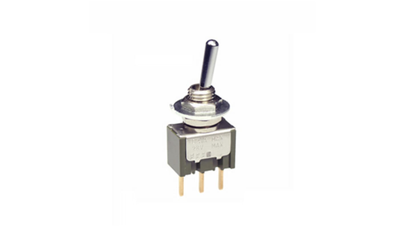 NKK Switches Toggle Switch, Panel Mount, (On)-Off-(On), SPDT, Through Hole Terminal, 28V ac/dc