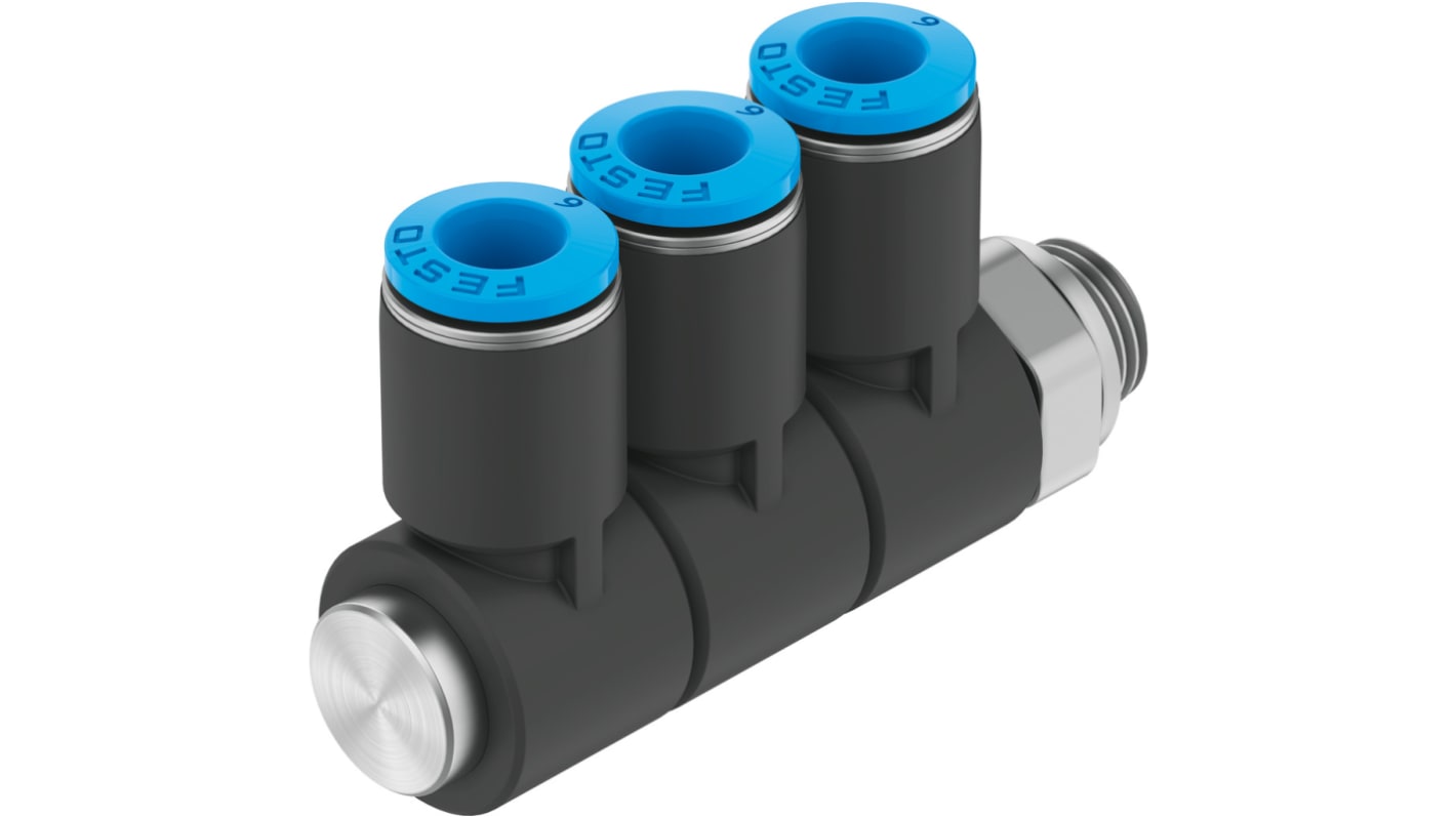Festo PBT多路接头气管接头, R 1/8转6 mm, R 1/8进气, 推入式 6 mm出气, QSLV系列, 153222