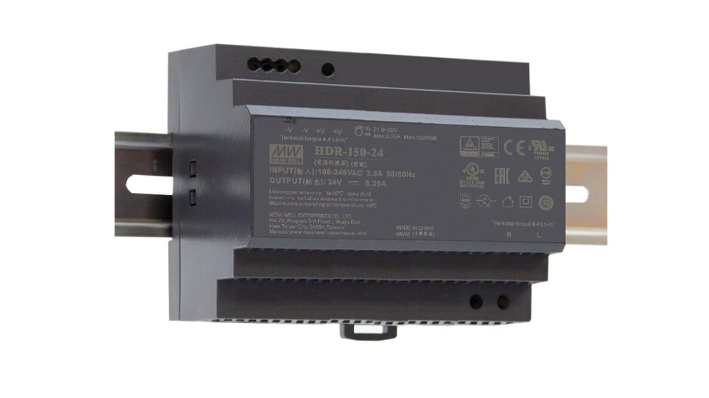 MEAN WELL HDR-150 DIN Rail Power Supply, 85 → 264 V ac / 120 → 370V dc ac, dc Input, 15V dc dc Output,