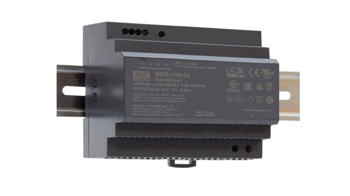 MEAN WELL HDR Switched Mode DIN Rail Power Supply, 85 → 264 V ac / 120 → 370V dc ac, dc Input, 15V dc dc