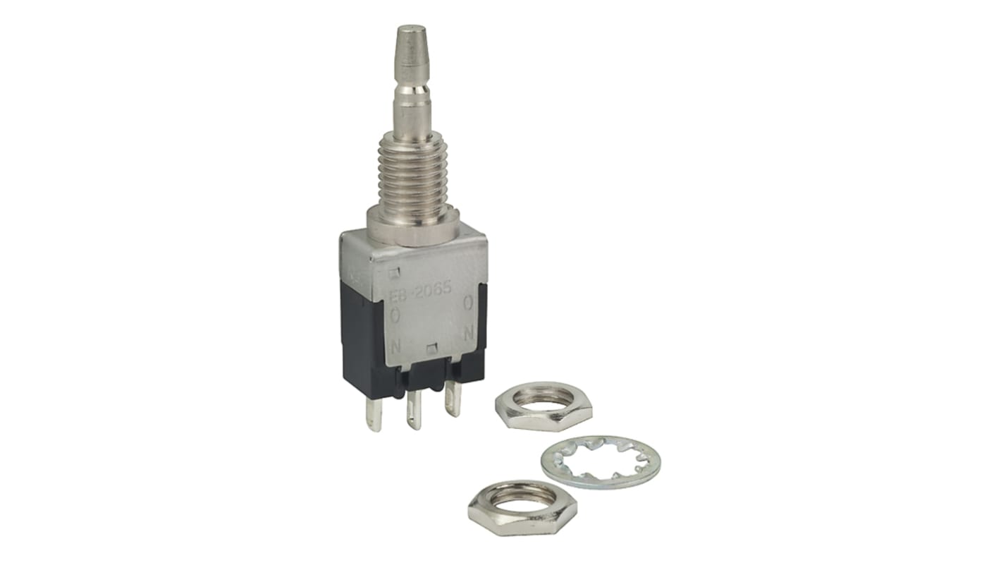 NKK Switches Push Button Switch, On-On, Panel Mount, 6.35mm Cutout, SPDT, 125V ac