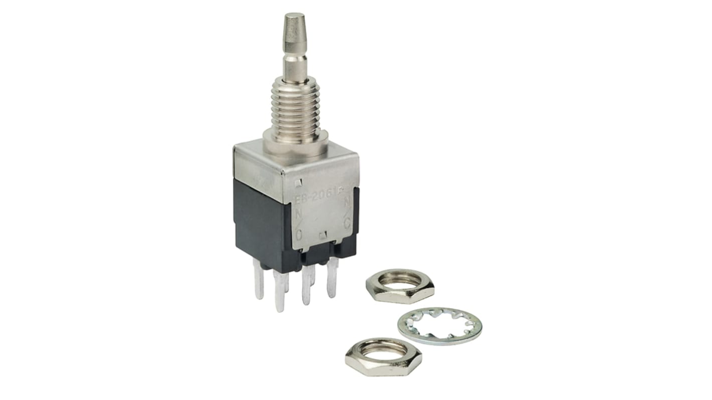 NKK Switches Push Button Switch, On-(On), Panel Mount, 6.35mm Cutout, DPDT, 125V ac