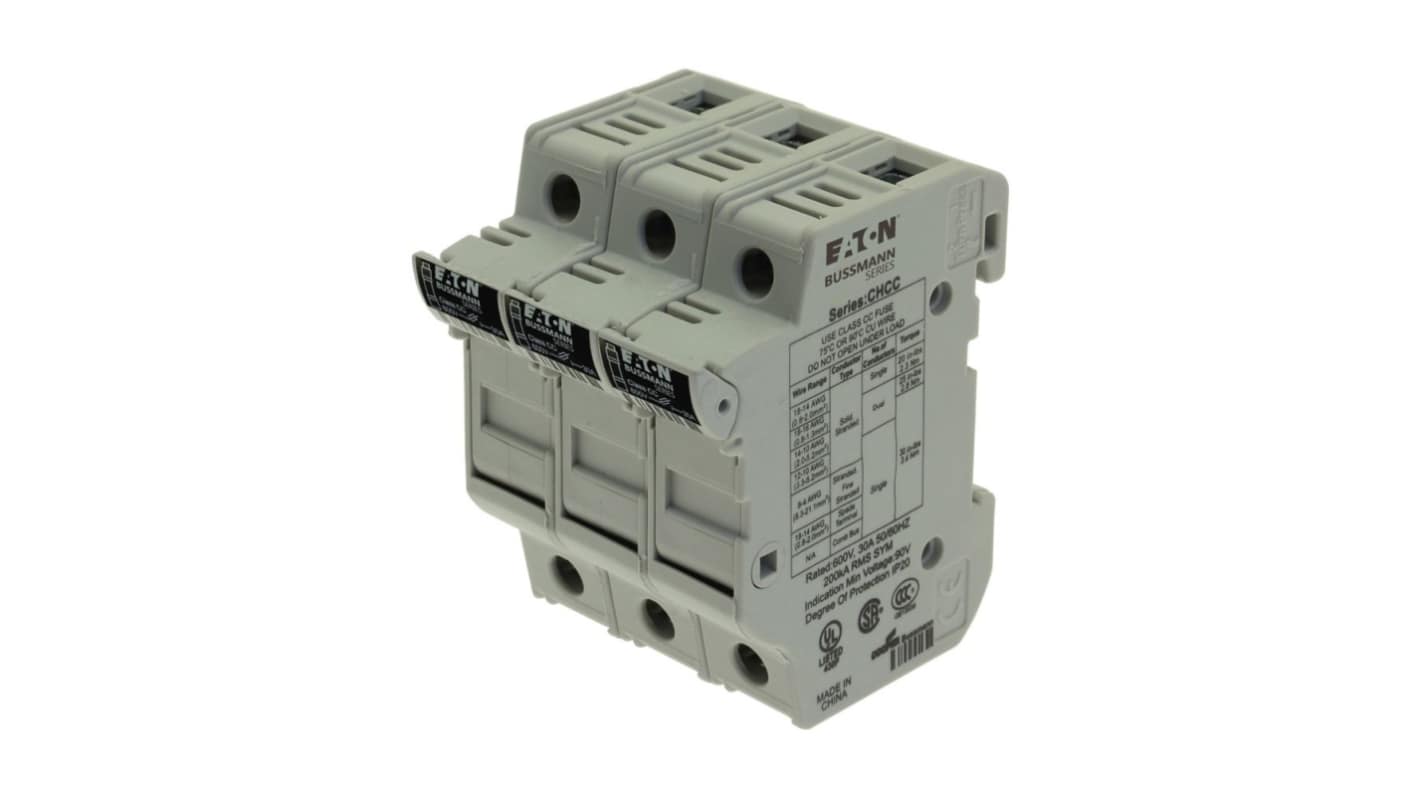 Eaton 30A Rail Mount Fuse Holder for 10 x 38mm Fuse, 3P, 600V ac