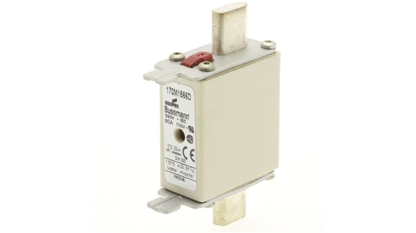 Fusible de cuchillas Eaton Bussmann, NH000, aR, 690V, 80A, T, CE, CSA, IEC 60269, UL