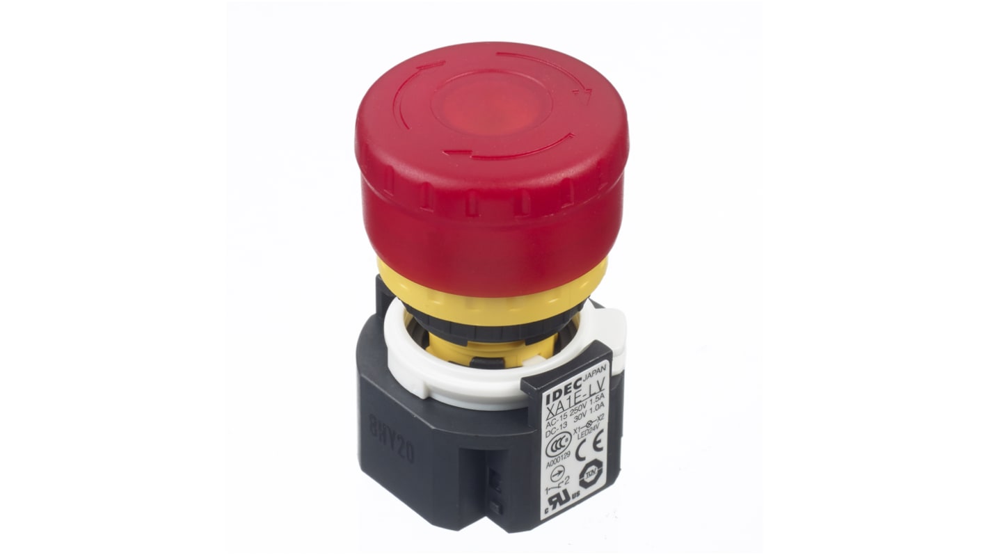 Idec XA Series Twist Release Illuminated Emergency Stop Push Button, Panel Mount, 16mm Cutout, 2NC, IP65