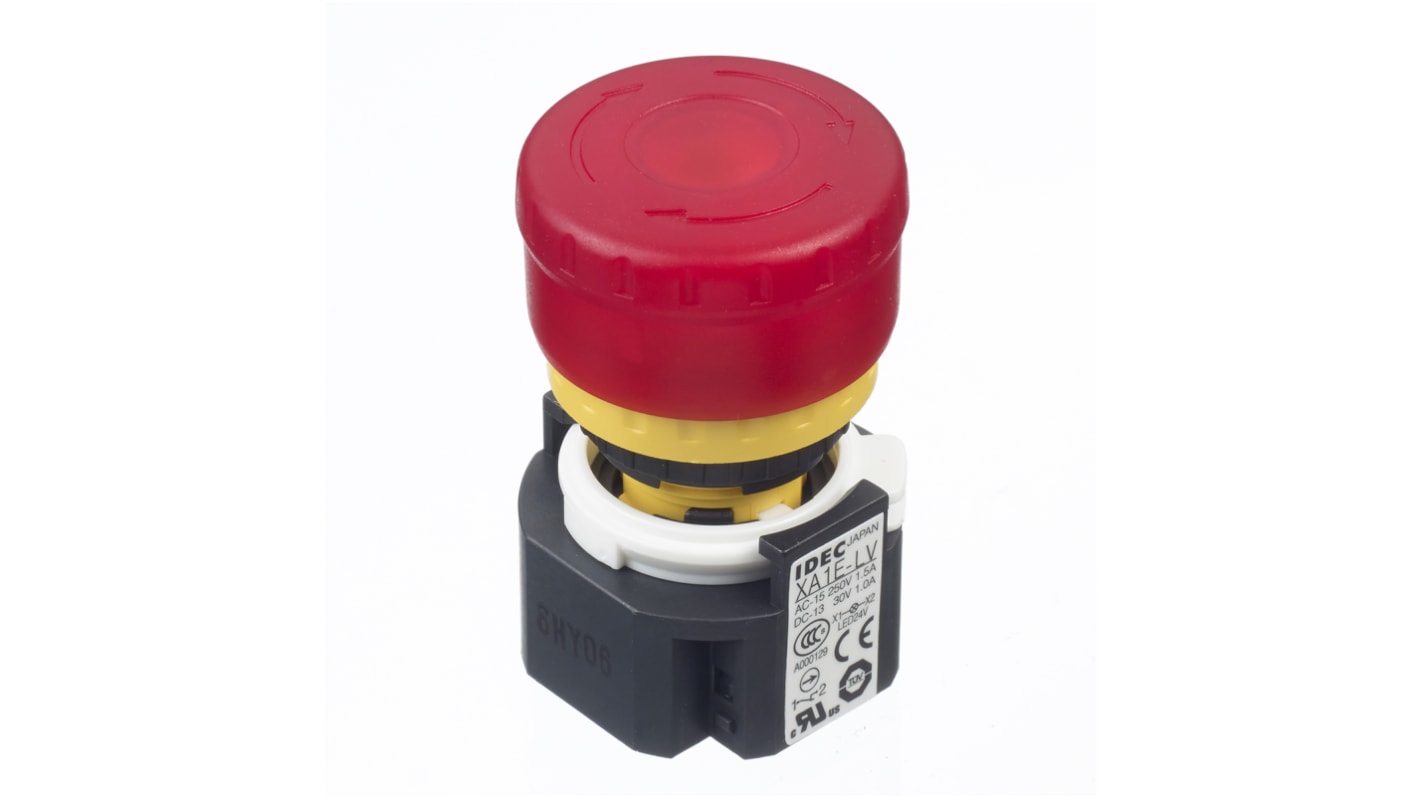 Idec XA Series Twist Release Illuminated Emergency Stop Push Button, Panel Mount, 16mm Cutout, 3NC + 1NO, IP65