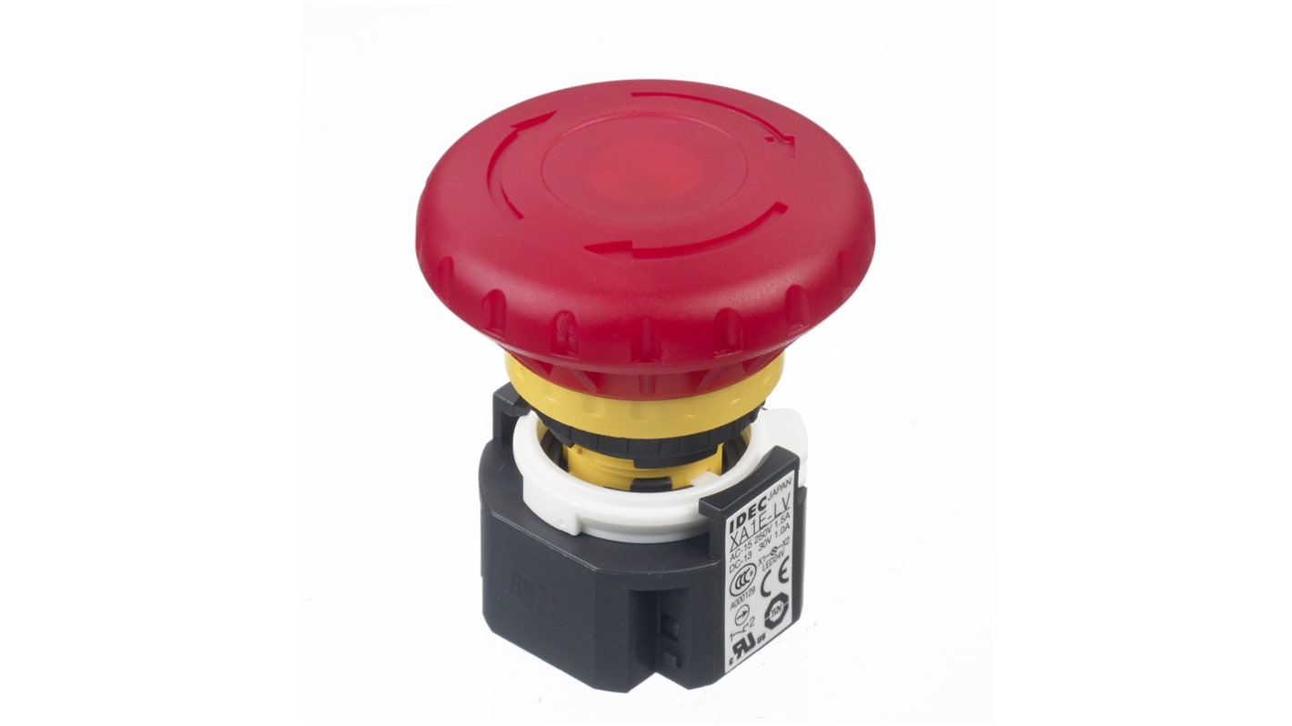 Idec XA Series Twist Release Illuminated Emergency Stop Push Button, Panel Mount, 16mm Cutout, 2NC, IP65