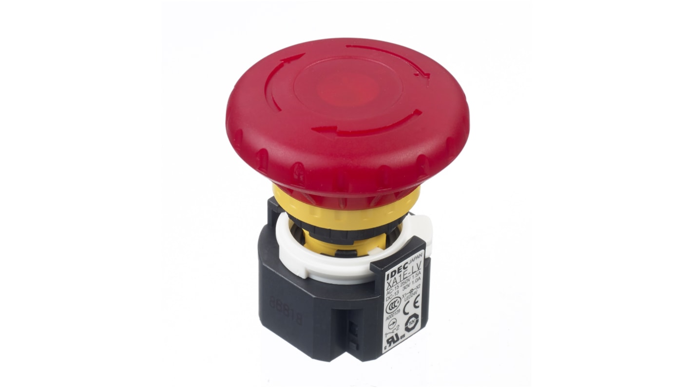 Idec XA Series Twist Release Illuminated Emergency Stop Push Button, Panel Mount, 16mm Cutout, 3NC + 1NO, IP65