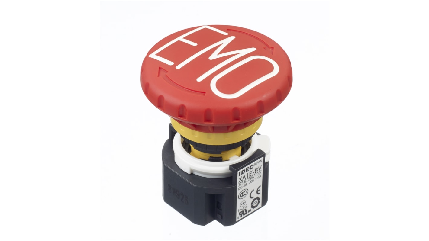 Idec XA Series Twist Release Emergency Stop Push Button, Panel Mount, 16mm Cutout, 2NC, IP65