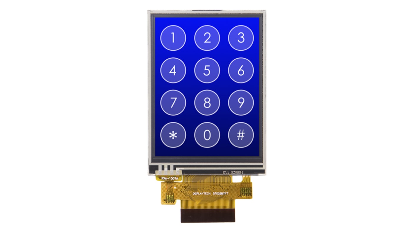 Displaytech 2.8in TFT液晶屏, 透射式显示, 8 位，9 位，16 位，18 位，SPI接口, LED背光源, 电阻式触摸屏, 220cd/m²亮度, 可视区域43 x 58mm, 分辨率240 x