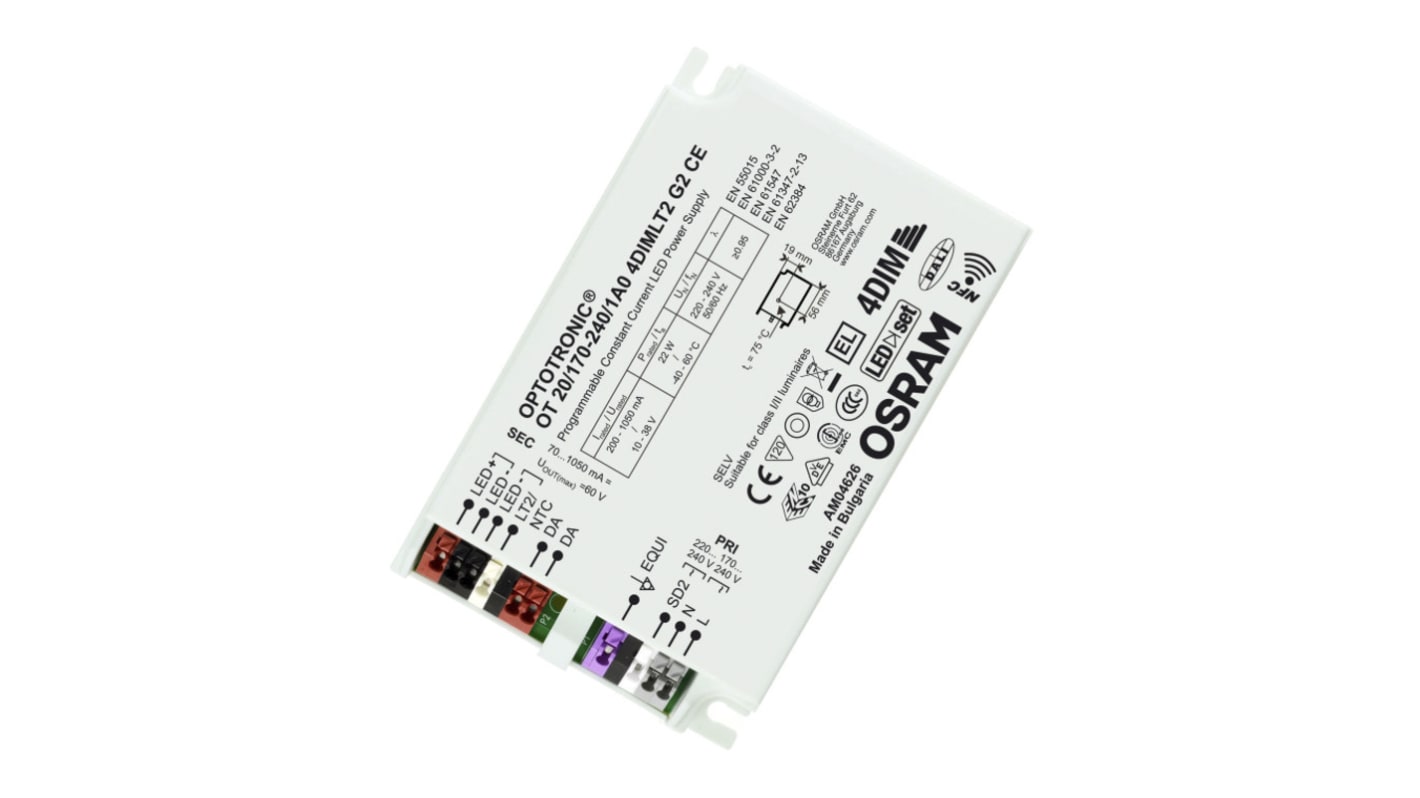 Osram LED Driver, 10 → 38V Output, 22W Output, 70 → 1050mA Output, Constant Current Dimmable