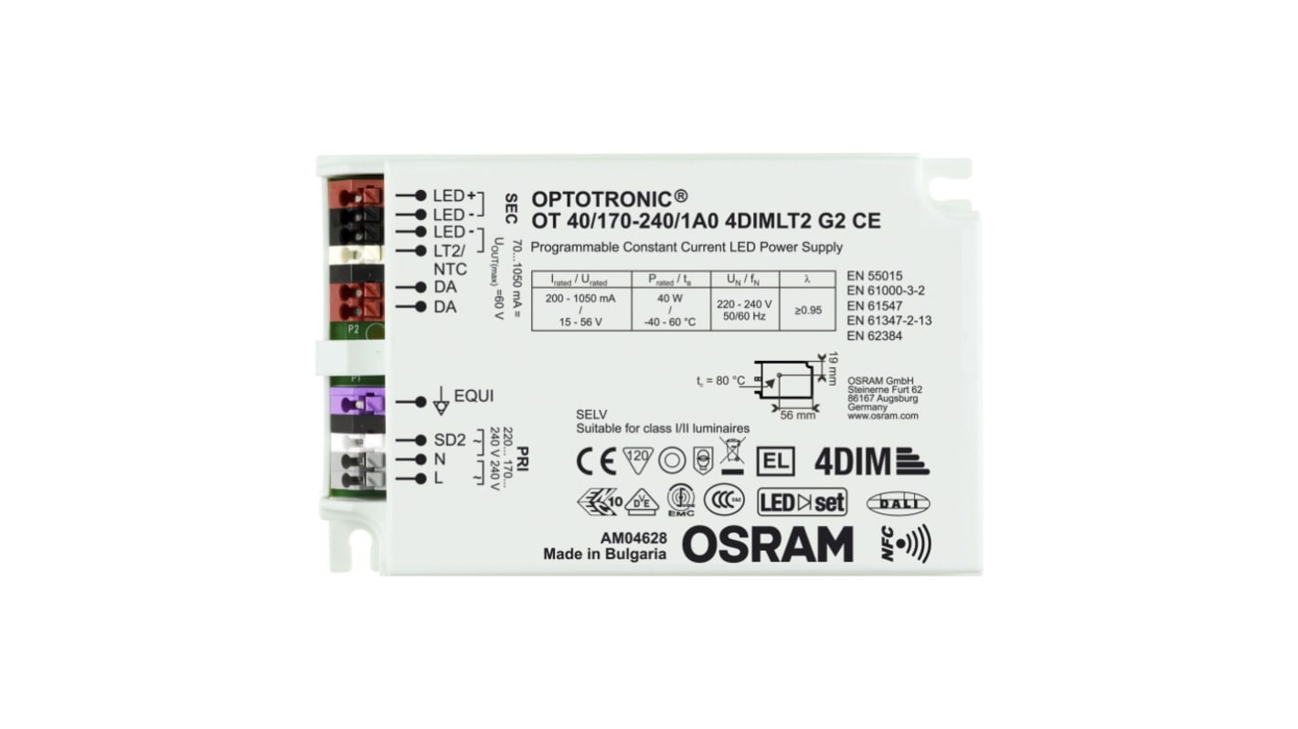 Driver LED corriente constante Osram OPTOTRONIC NFC de salidas, IN: 170 → 264 V ac, OUT: 15 → 56V, 70
