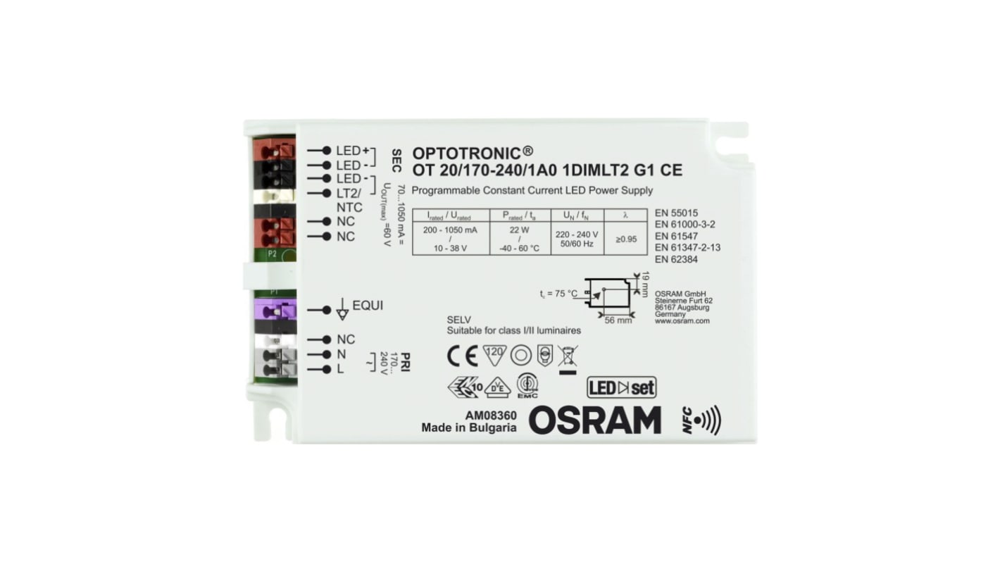 Driver LED corriente constante Osram OPTOTRONIC NFC de salidas, IN: 170 → 264 V ac, OUT: 10 → 38V, 70