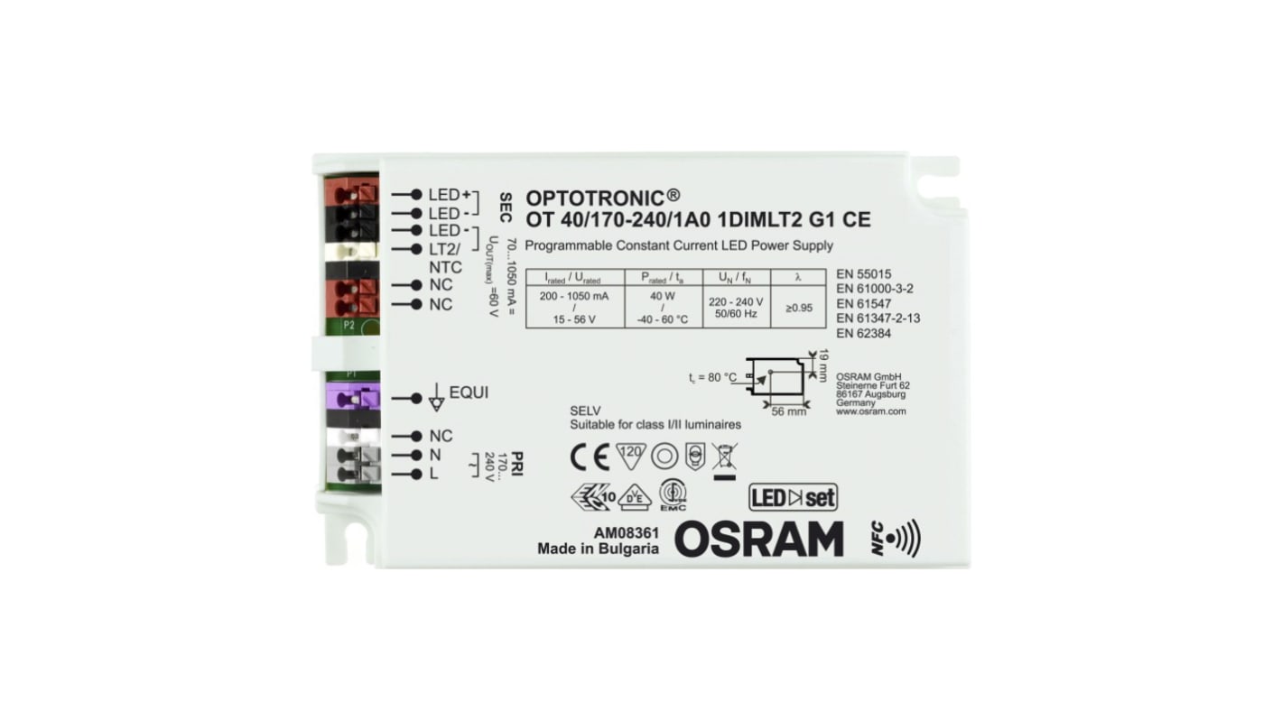 Osram 40W LED驱动电源, 交流输入, 输出15 → 56V 70 → 1050mA, 可调光, IP20, OPTOTRONIC NFC系列