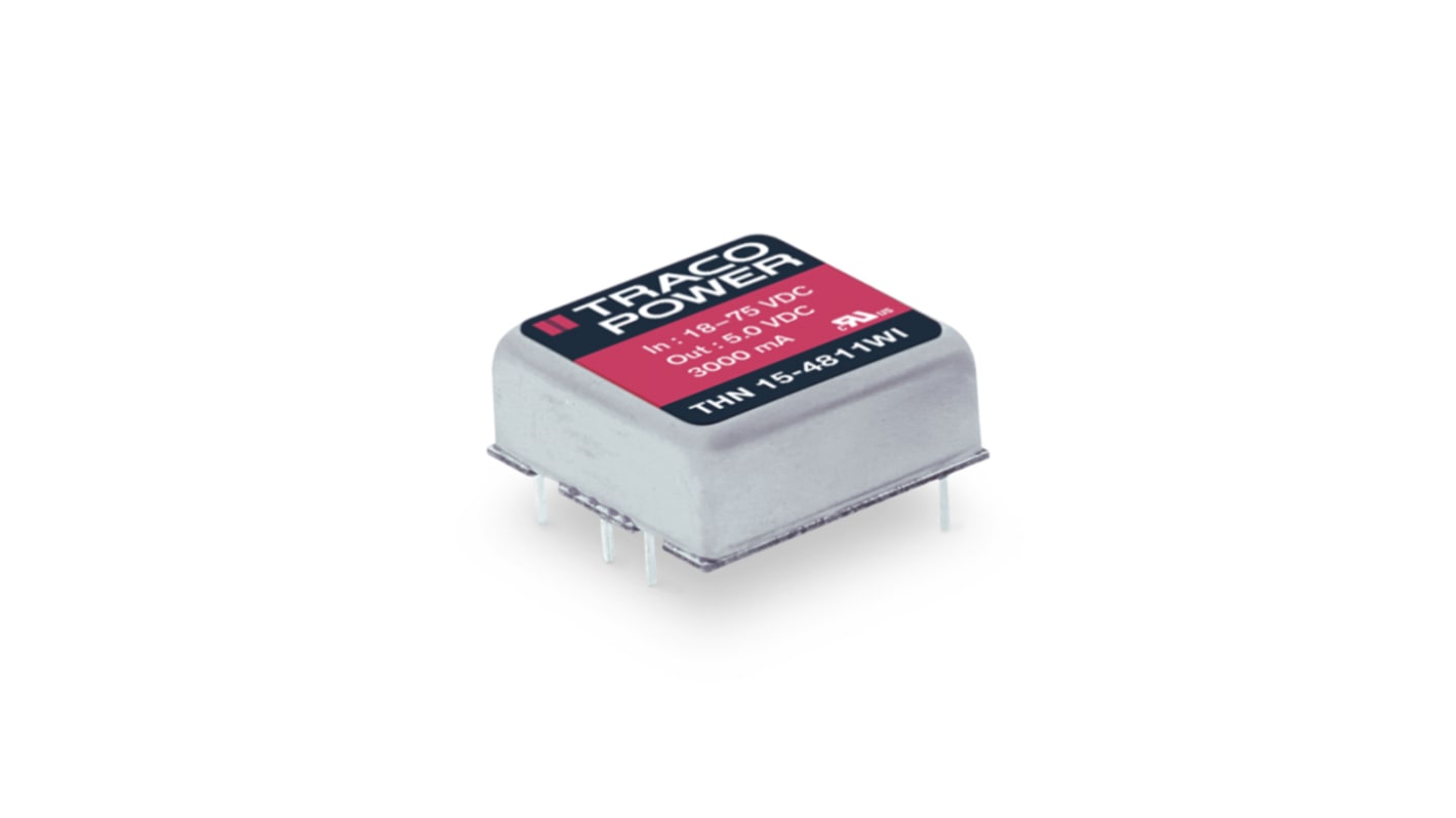 TRACOPOWER THN 15WI DC-DC Converter, ±15V dc/ ±500mA Output, 18 → 75 V dc Input, 15W, Through Hole, +85°C Max