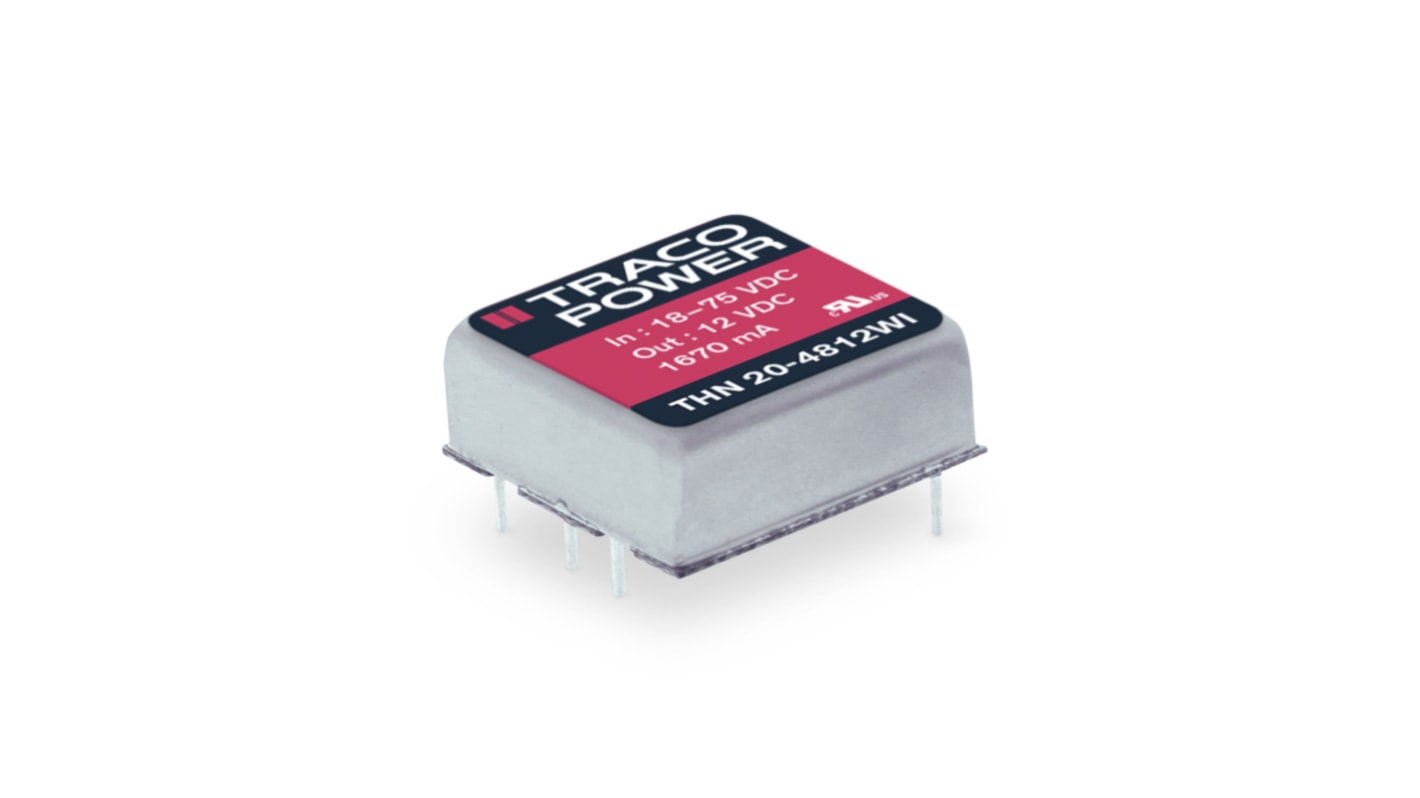 TRACOPOWER THN 20WI DC-DC Converter, 24V dc/ 833mA Output, 9 → 36 V dc Input, 20W, Through Hole, +75°C Max Temp