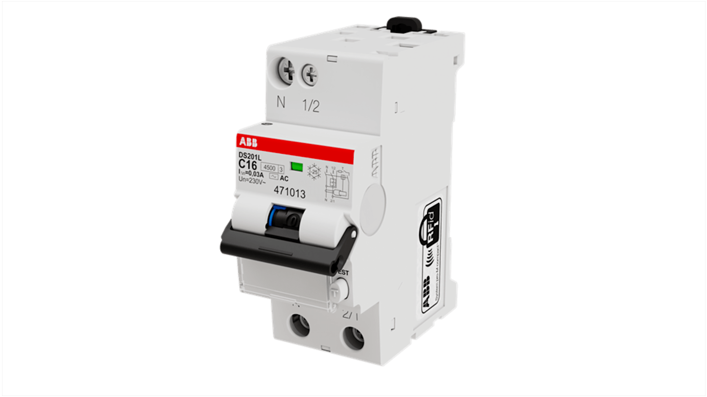 ABB RCBO, 16A Current Rating, 1P+N Poles, 30mA Trip Sensitivity, Type C