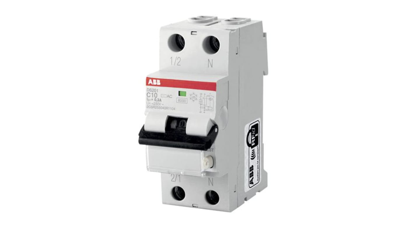 ABB RCBO, 16A Current Rating, 1P+N Poles, 30mA Trip Sensitivity, Type C