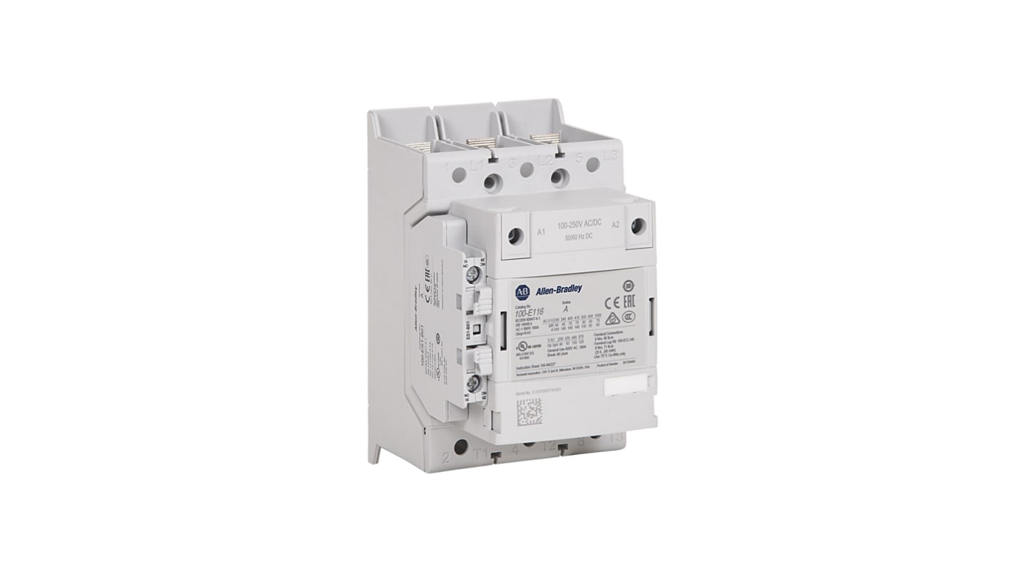 Allen Bradley 100-E Contactor, 100 → 250 V dc Coil, 3-Pole, 116 A, 55 kW, 3NO, 400 V ac