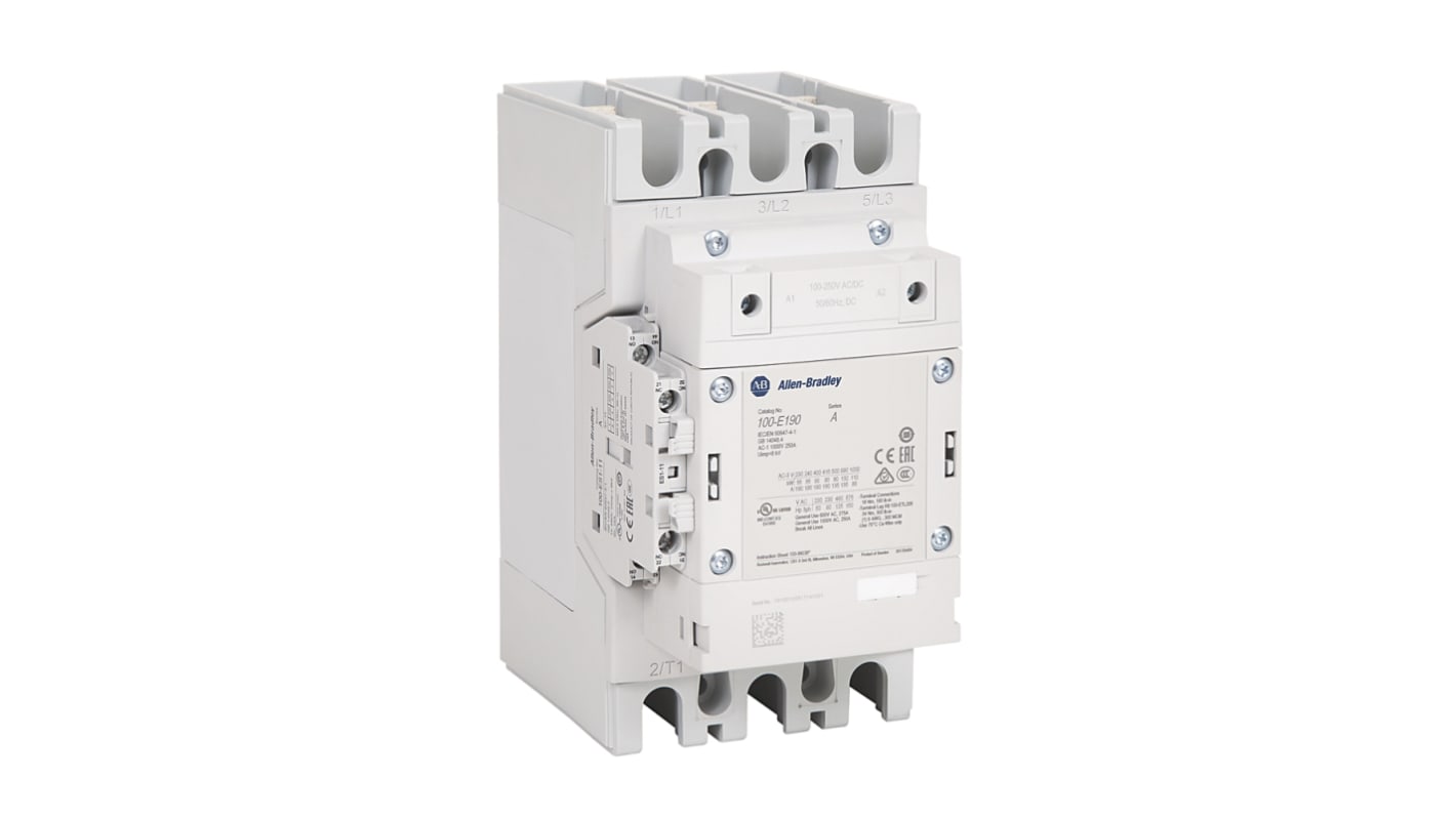 Allen Bradley 100-E Contactor, 100 → 250 V dc Coil, 3-Pole, 190 A, 90 kW, 1NO + 1NC, 400 V ac