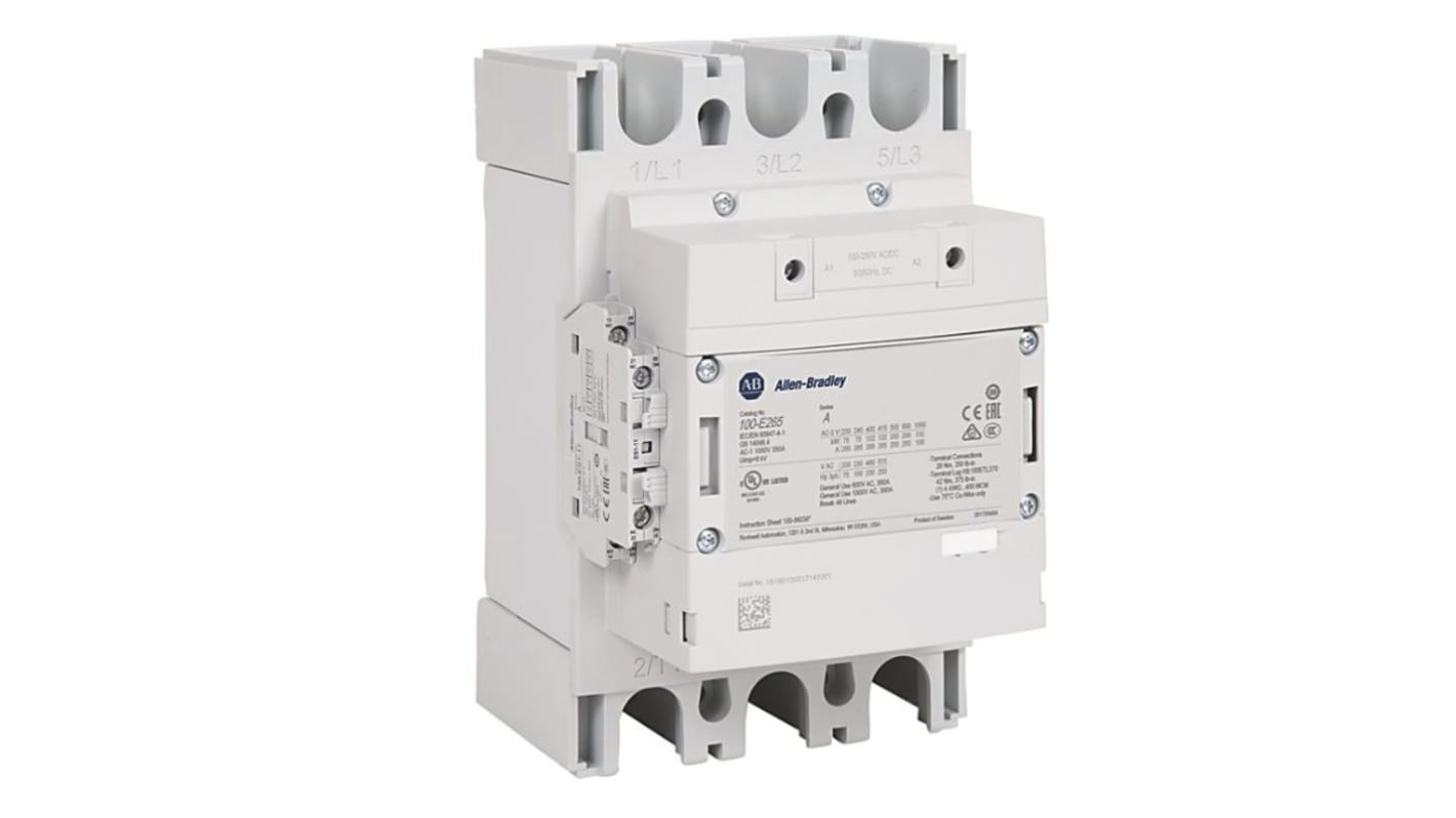 Allen Bradley 100-E Contactor, 100 → 250 V dc Coil, 3-Pole, 370 A, 200 kW, 1NO + 1NC, 400 V ac