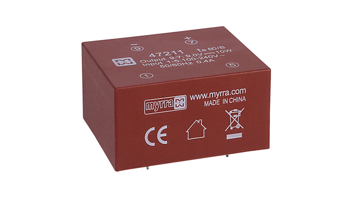 Myrra 9V dc 1 Output PCB Mount PCB Transformer, 10W