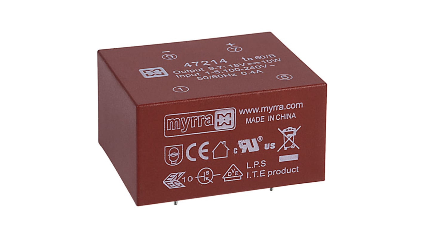 Myrra 18V dc 1 Output PCB Mount PCB Transformer, 10W