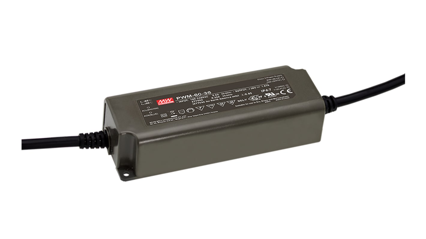 MEAN WELL LED Driver, 12V Output, 60W Output, 5A Output, Constant Voltage Dimmable