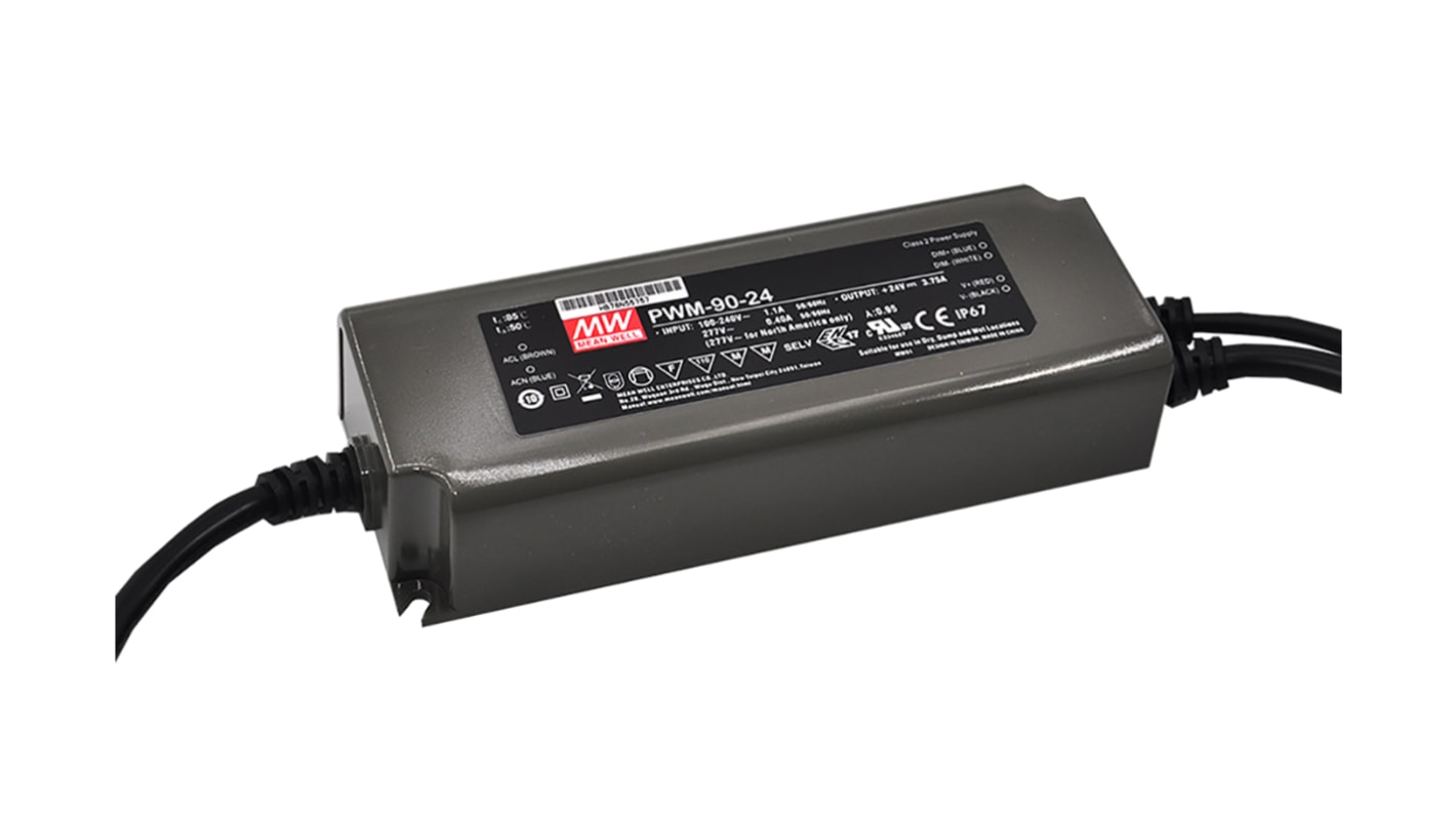 Driver LED tensión constante MEAN WELL PWM-90 de salidas, IN: 127 → 431 V dc, 90 → 305 V ac, OUT: 24V,