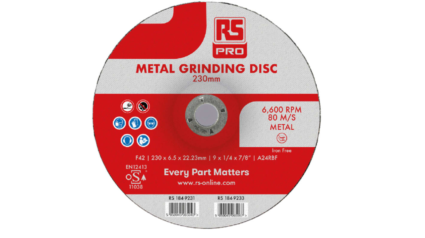 RS PRO Aluminium Oxide Grinding Disc, 230mm x 6.5mm Thick, Fine Grade, P60 Grit, 5 in pack