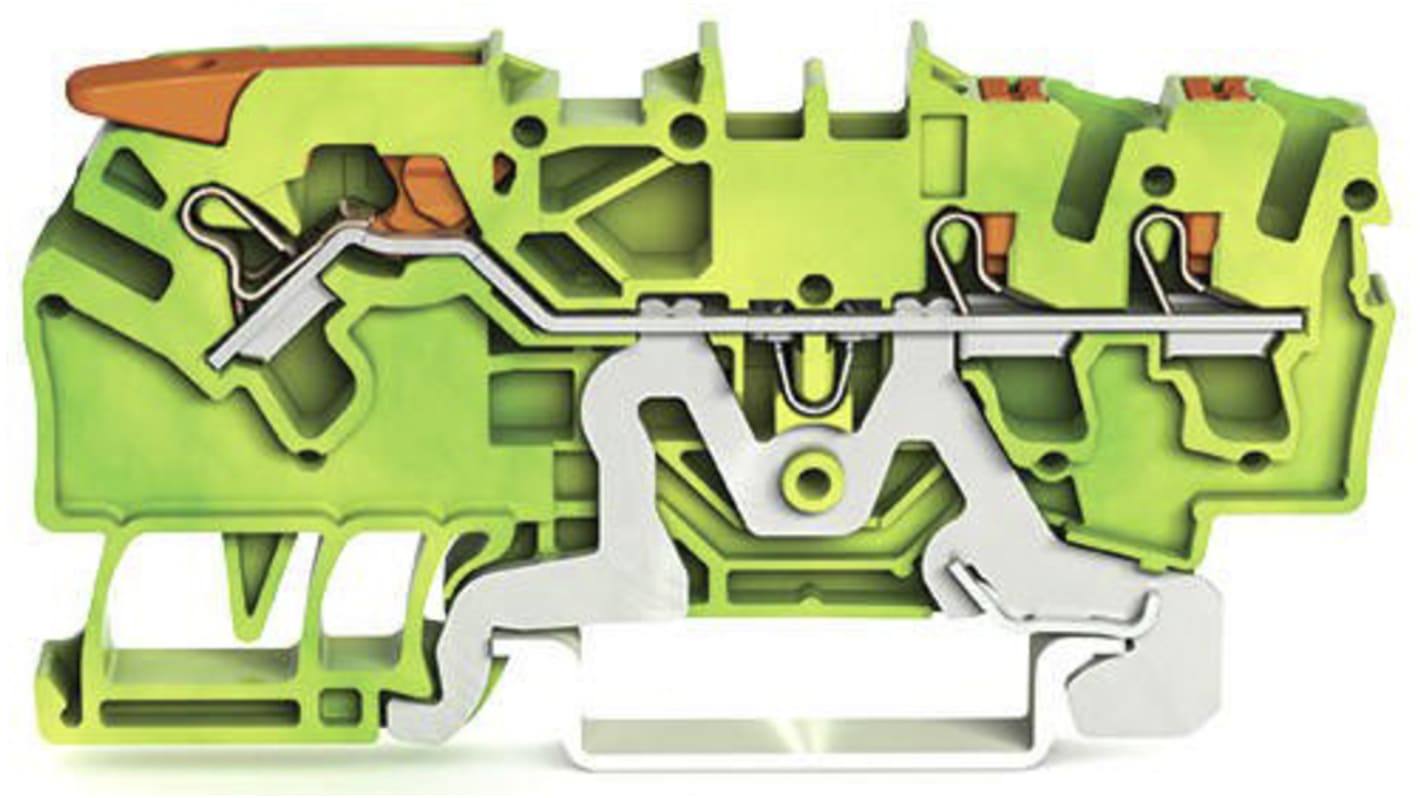 WAGO 2102-5307 TOPJOB S, 2102 Series Green/Yellow, 2.5mm², Single-Level, Push-In Cage Clamp Termination, ATEX, IECEx