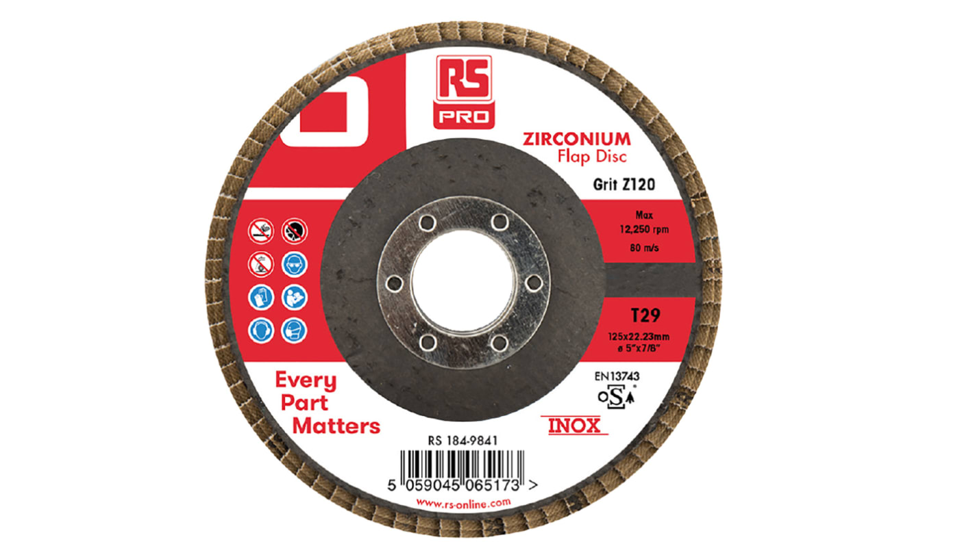 RS PRO Zirconium Flap Disc, 125mm x 7mm Thick, 120+ Grade, P120 Grit, 5 in pack