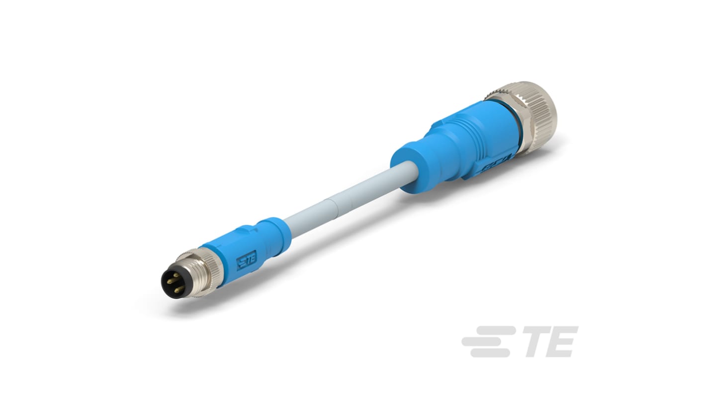 TE Connectivity 传感器执行器电缆, 500mm长, M8直向公插转M12直向母座, 0.25 mm²CSA, 尼龙灰色护套, IP67, T405系列