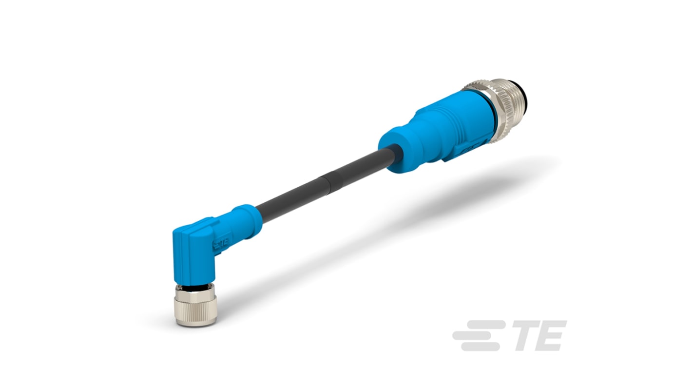 TE Connectivity 传感器执行器电缆, 500mm长, M8直角母座转M12直向公插, 0.25 mm²CSA, 尼龙黑色护套, IP67, T405系列