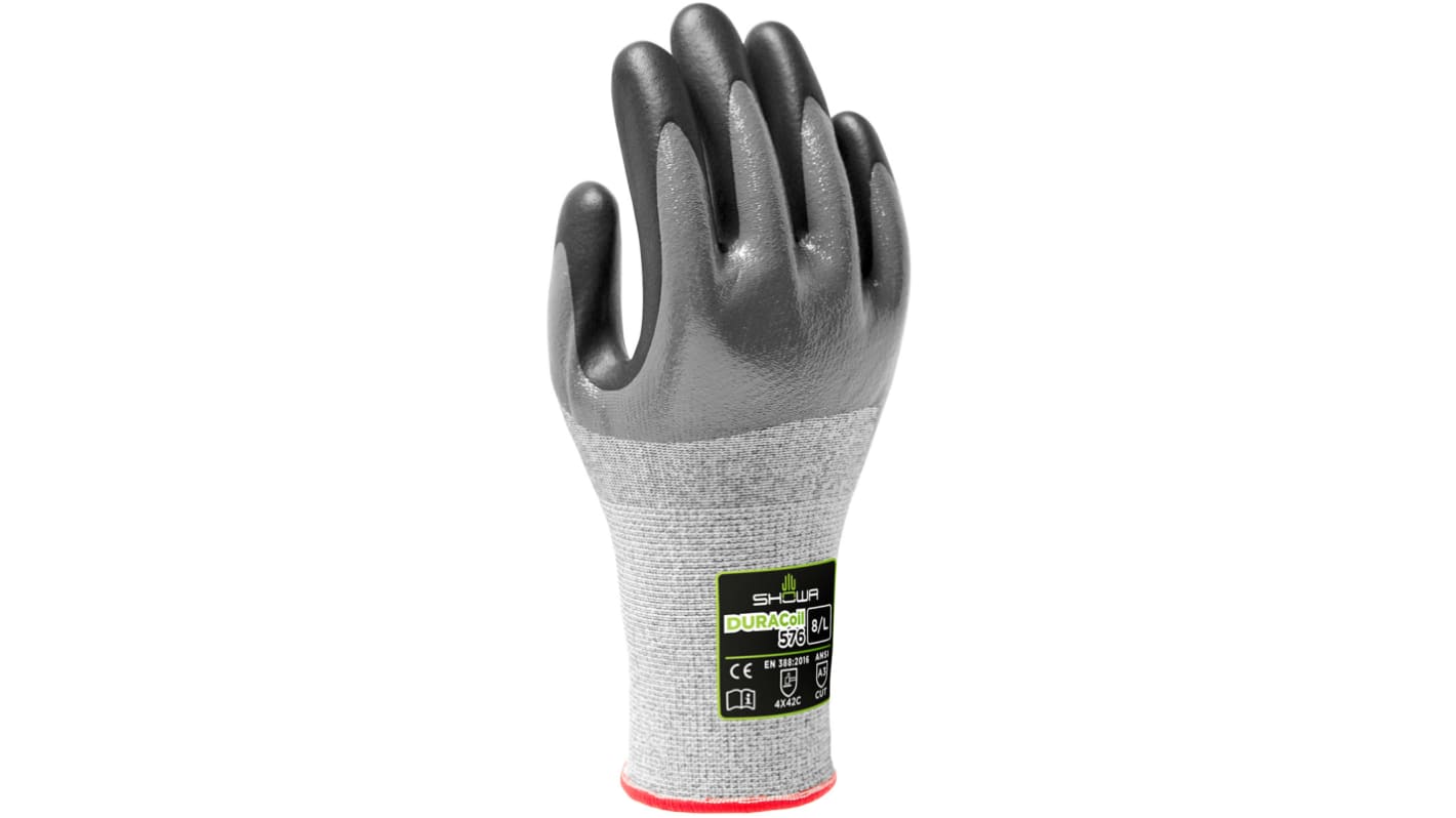 Showa Duracoil Grey HPPE, Polyester Cut Resistant Work Gloves, Size 9, Nitrile Foam Coating