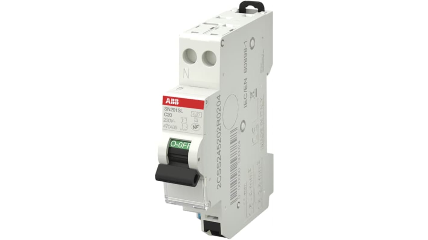 ABB SN201 MCB, 1+N, 20A Curve C, 230V AC, 4.5 kA Breaking Capacity