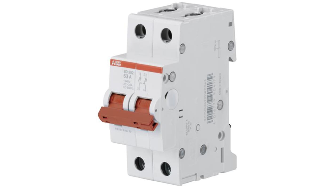 ABB 2P Pole DIN Rail Isolator Switch - 63A Maximum Current, IP20