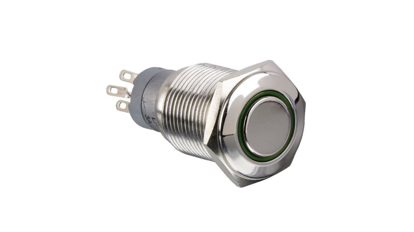 Arcolectric (Bulgin) Ltd Illuminated Push Button Switch, Momentary, Panel Mount, 16.2mm Cutout, DPDT, Red LED, 250V ac,