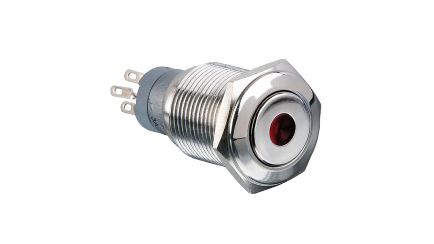 Arcolectric (Bulgin) Ltd Illuminated Push Button Switch, Momentary, Panel Mount, 16.2mm Cutout, DPDT, Red LED, 250V ac,