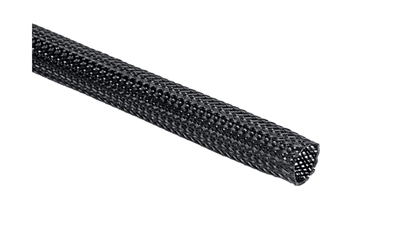 HellermannTyton Expandable Braided PET Black Cable Sleeve, 30mm Diameter, 50m Length, Helagaine HEGP Series