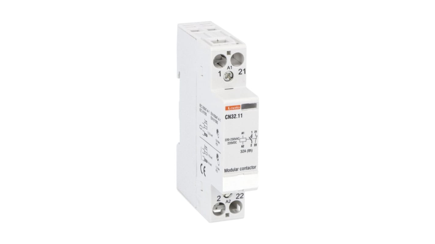 Contactor Lovato CN de 1 polo, 1 NA + 1 NC, 32 A, bobina 220 → 230 V ac