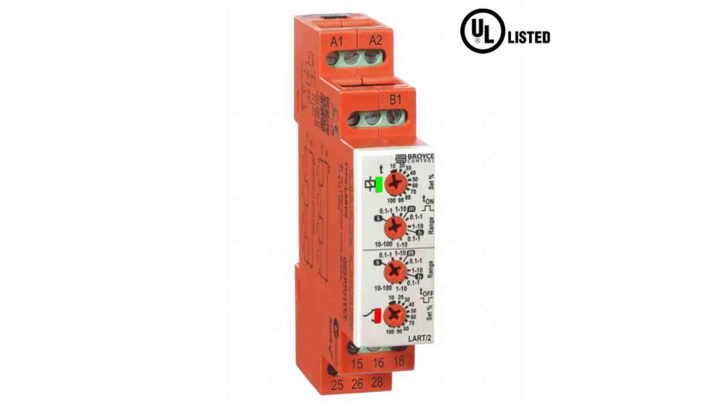 Broyce Control LART/2 Series DIN Rail Mount Timer Relay, 24 → 230 V ac/12 → 230V dc, 2-Contact, 0.1 s